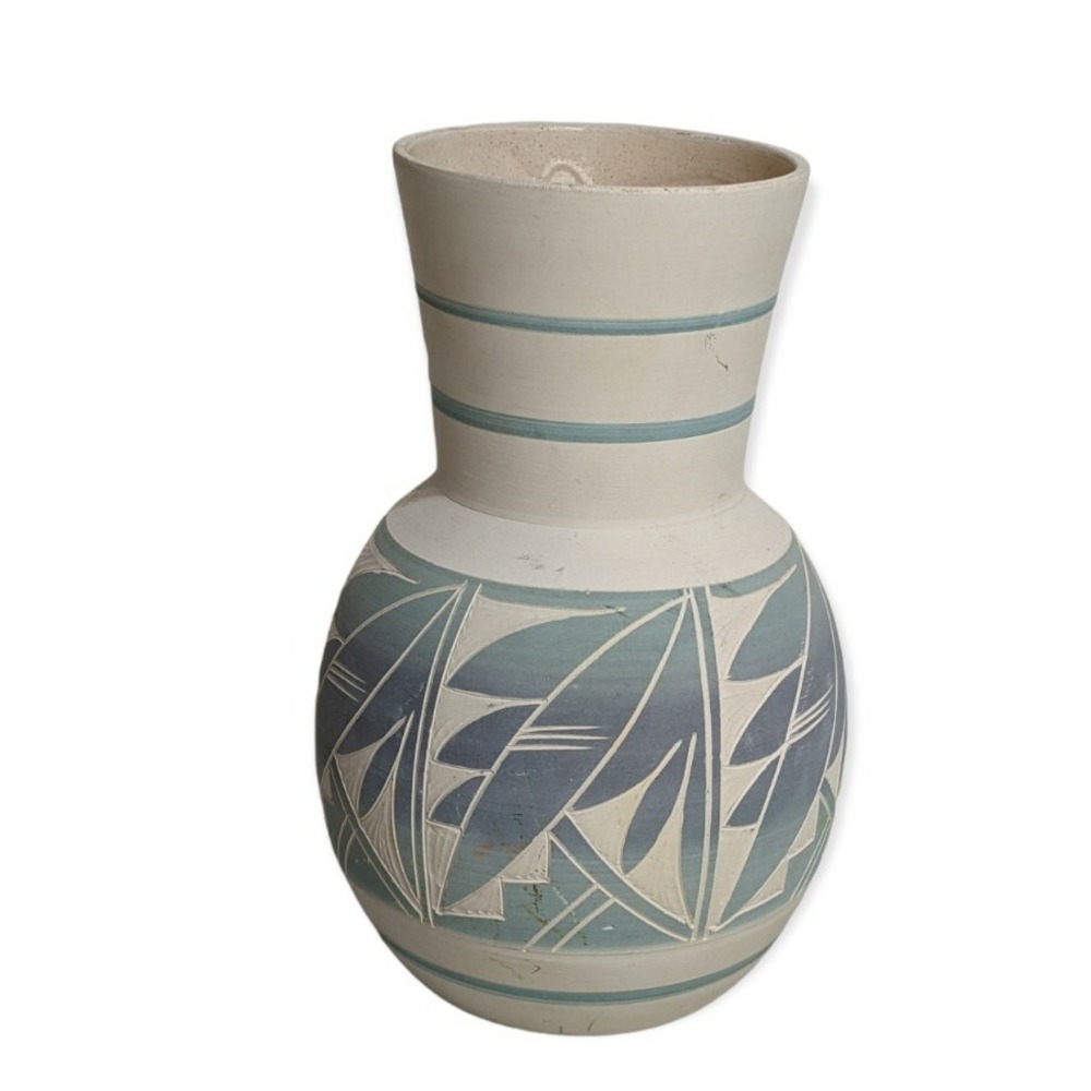 Hand Crafted R. Gonza Mexican Pottery Vase Light Blue and White 7 1/2" Tall